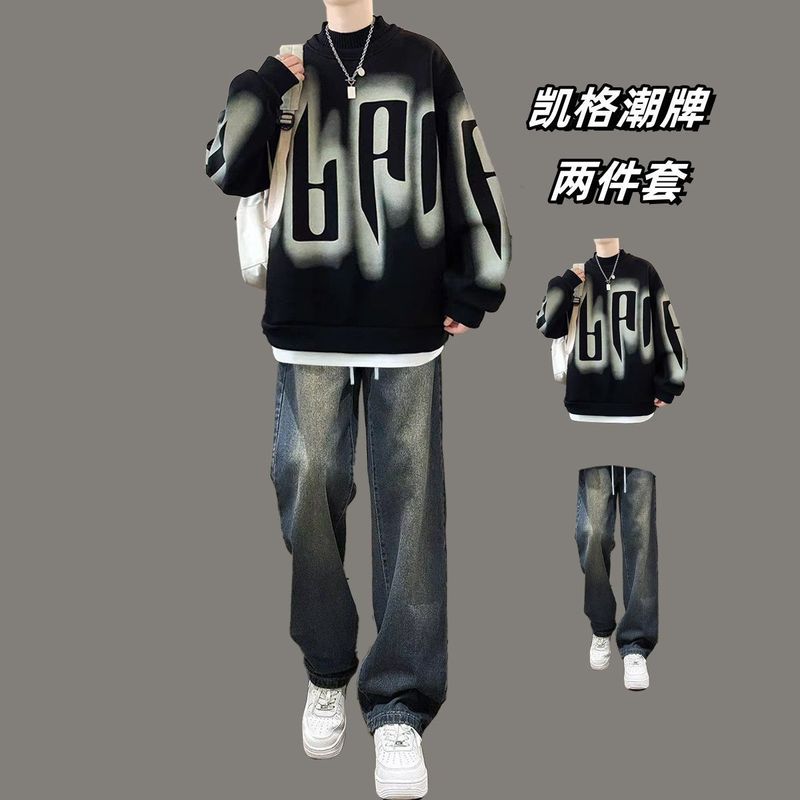 美式潮牌圆领卫衣套装男秋冬青少年加绒加厚卫衣搭配牛仔裤两件套|undefined