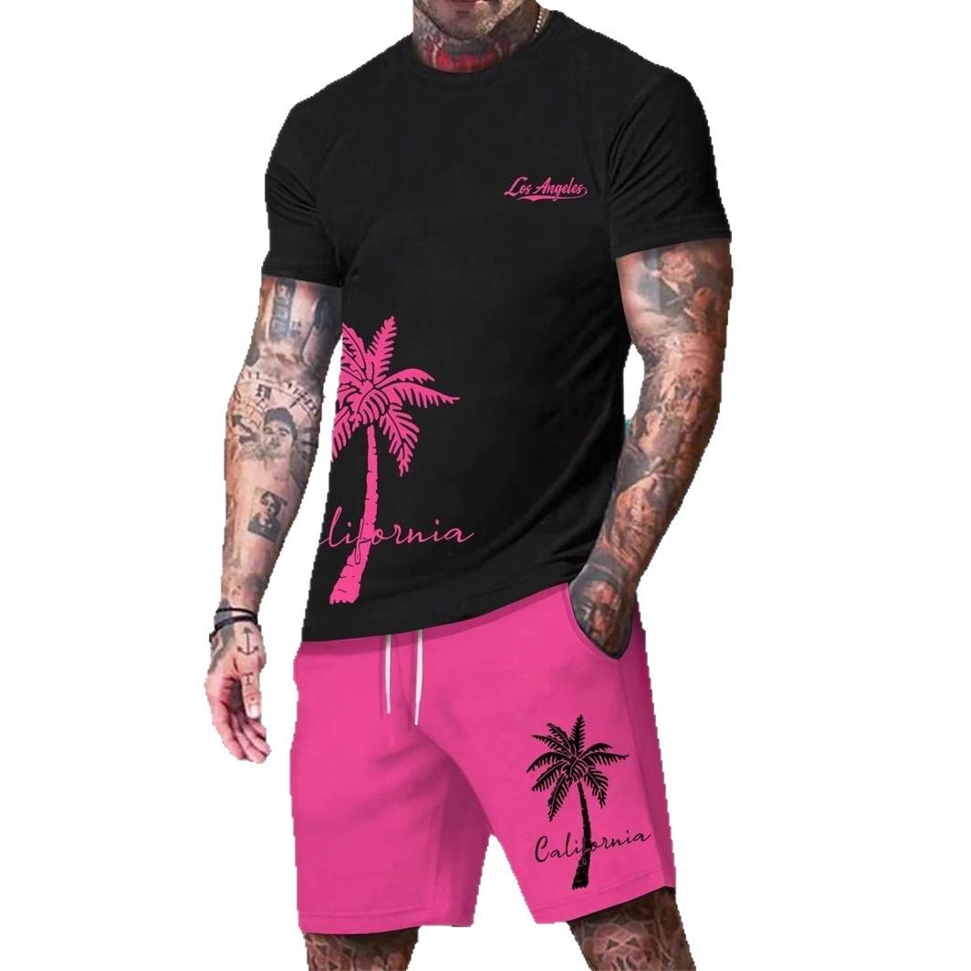 Coconut Tree Lema Graffiti 3D Impresión digital Traje de hombre Camiseta Traje de hombre Cuello redondo Pantalones cortos con cordón de manga corta