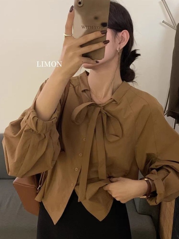 秋季长袖衬衫女法式别致立领宽松蝴蝶结系带2025新款休闲气质上衣|undefined