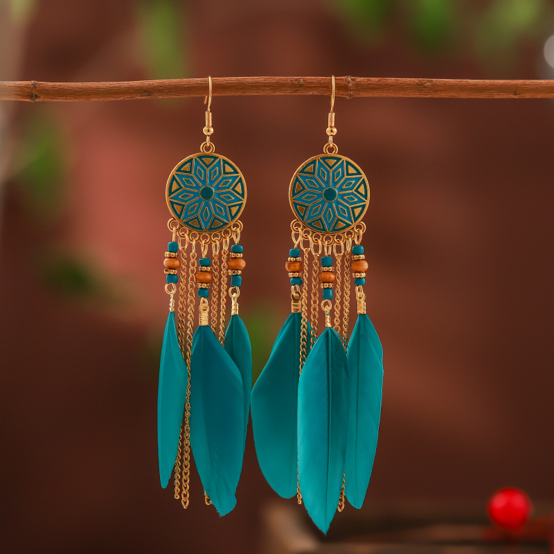 Creative Round Sun Feather Leaf Tassel Earrings Wholesale display picture 3
