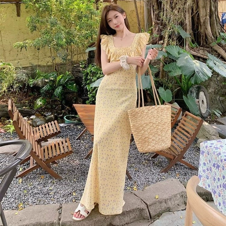 Французская девчачья юбка средней длины с рюшами и цветочным принтом, женственное тонкое кружевное платье на подтяжках для летних каникул