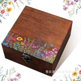 厂家批发印花木质收纳盒带锁翻盖复古木盒首饰礼品包装空木盒