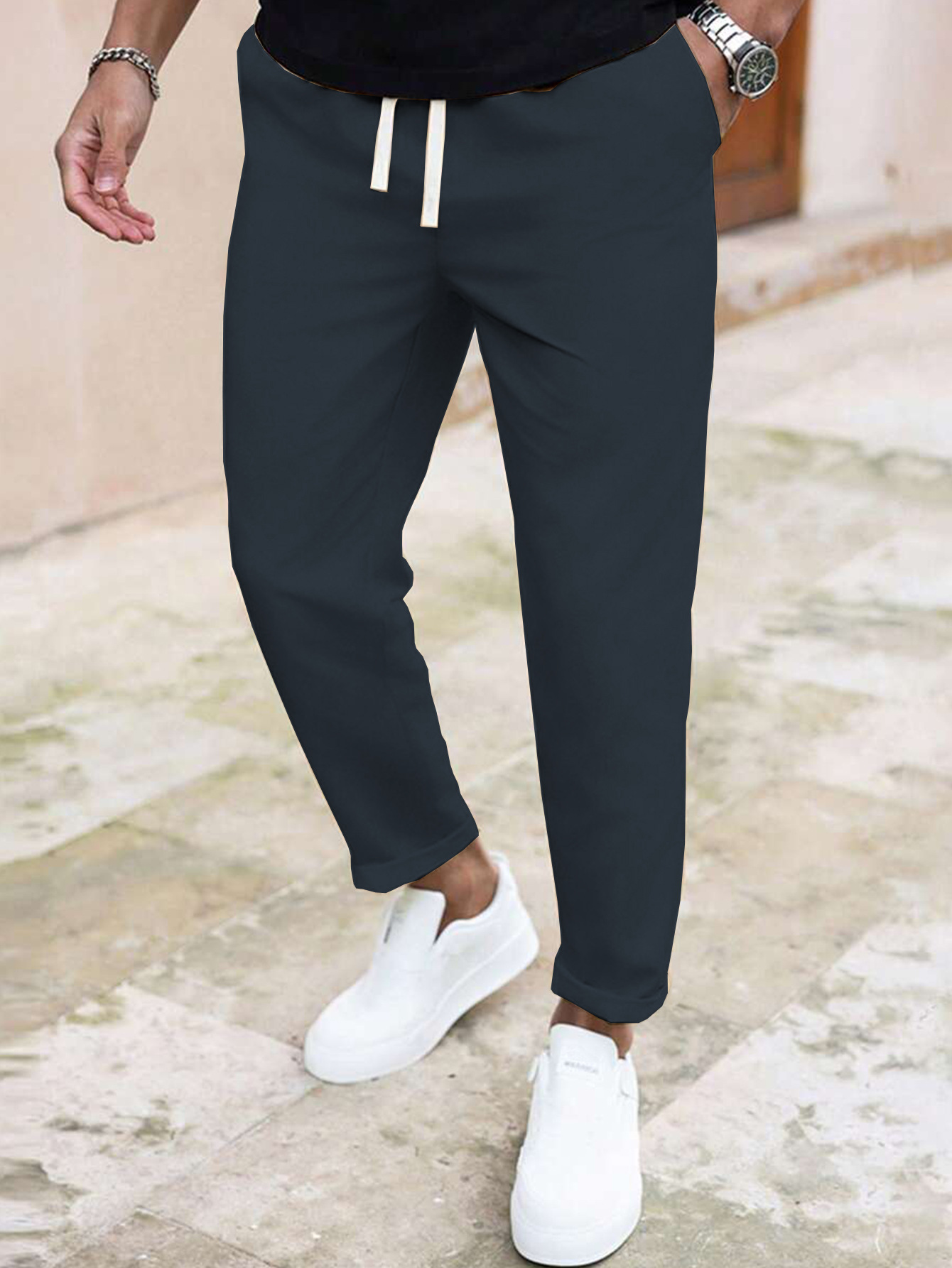 ​​"Men's Slim Fit Casual Pants - Solid Color Drawstring Waist, Lightweight Polyester For Everyday Comfort & Street Style"​​_viptrois.com