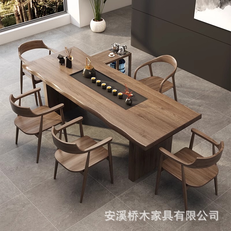 無垢材のティーテーブル、一体型ティーテーブルと椅子の組み合わせ、モダンでシンプルな新しい中国風のオフィスカンフー禅大板ティーテーブル|undefined