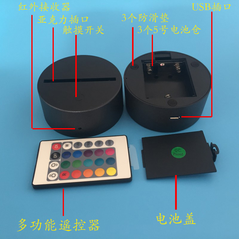 Fábrica directa 3D noche luz táctil control remoto botón plástico madera base interfaz USB LED base luminosa