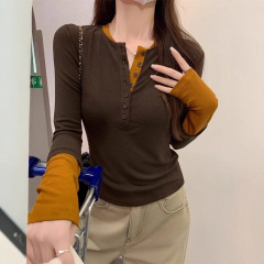 春秋冬季撞色假两件独特别致内搭打底衫女设计感减龄辣妹长袖上衣
