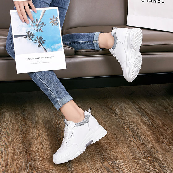 Inner Height Women's Shoes 2023 Spring and Autumn New All-match Sports Casual White Shoes Genuine Leather Platform Shoes Women's Fleece-lined