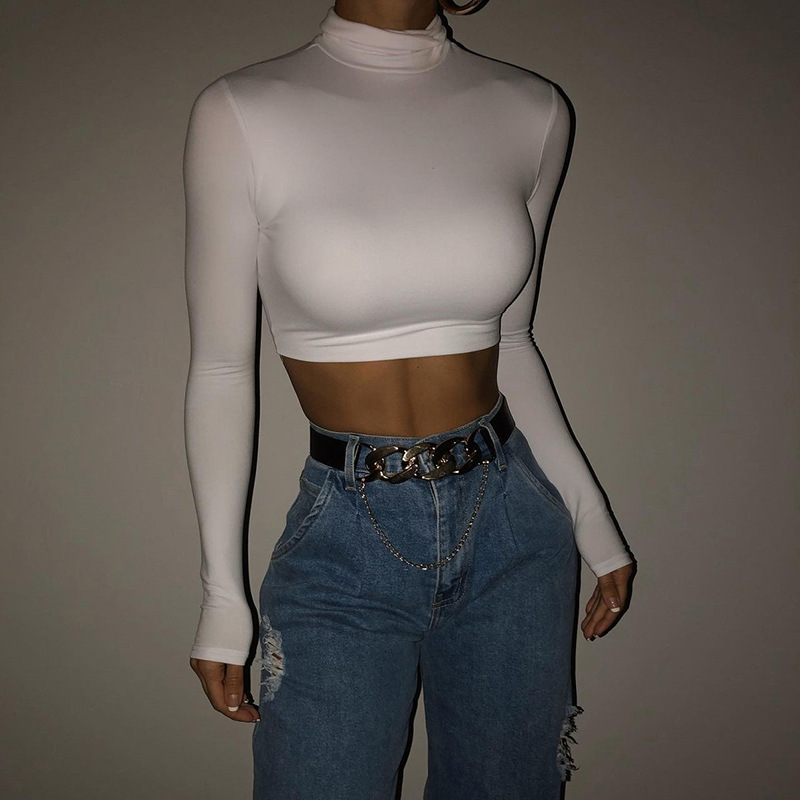 European and American Style 2024 Autumn and Winter Women's New Long-Sleeved Turtleneck Pure Color Short Navel-Baring Sexy Slim Fashion T-Shirt for Women