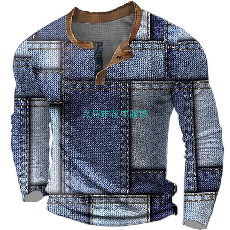 Spring and Autumn Men's Button-Down Long-Sleeved Polo Shirt with Plaid Pattern and Digital Printing, Fashionable and Urban Simple Style