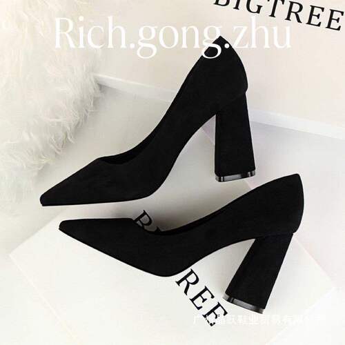 French Pure Desire High Heel New Korean Style Pointed Toe Black Etiquette Work Shoes for Women Slip-On Single Shoes