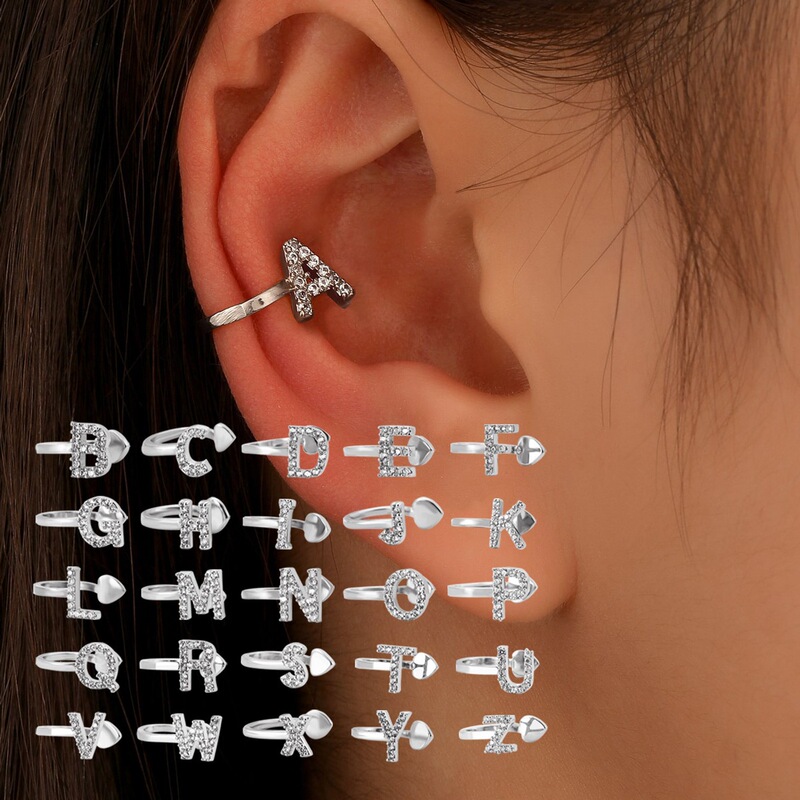European and American Style 26-Letter Alphabet Ear Clips, Simple Non-Pierced Ear Cuffs with a High-End Feel, Elegant Diamond-Encrusted U-Shaped Non-Pierced Earrings for Women
