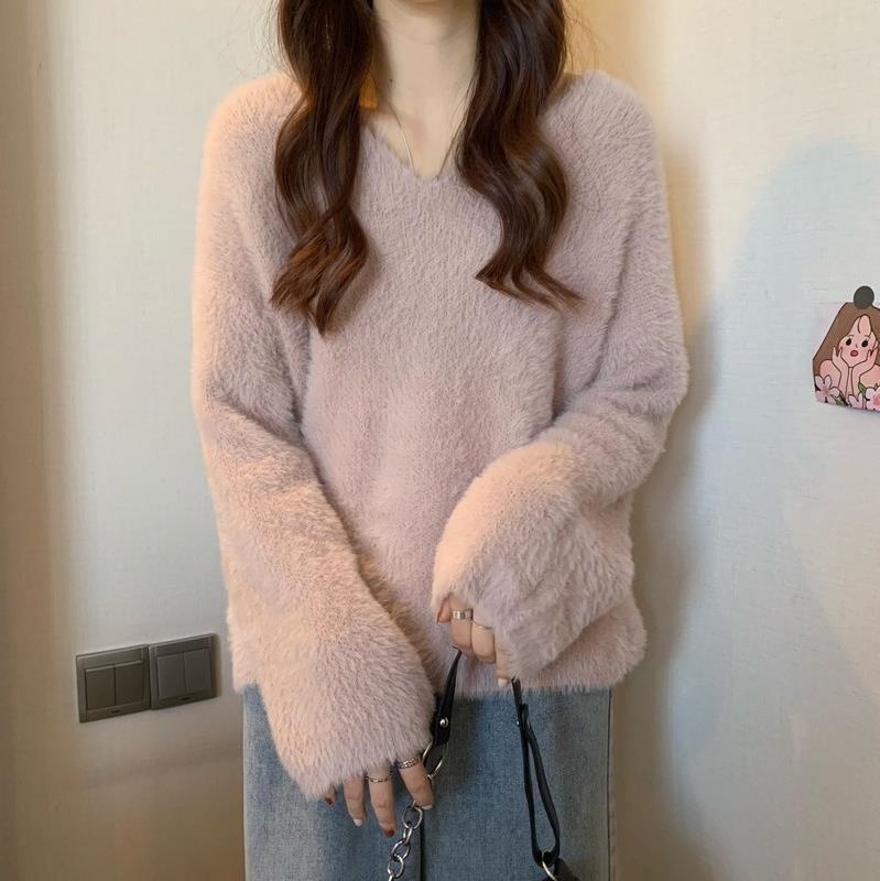 冬季新款女装温柔风气质针织毛衣女软糯风V领慵懒上衣宽松水貂毛|undefined