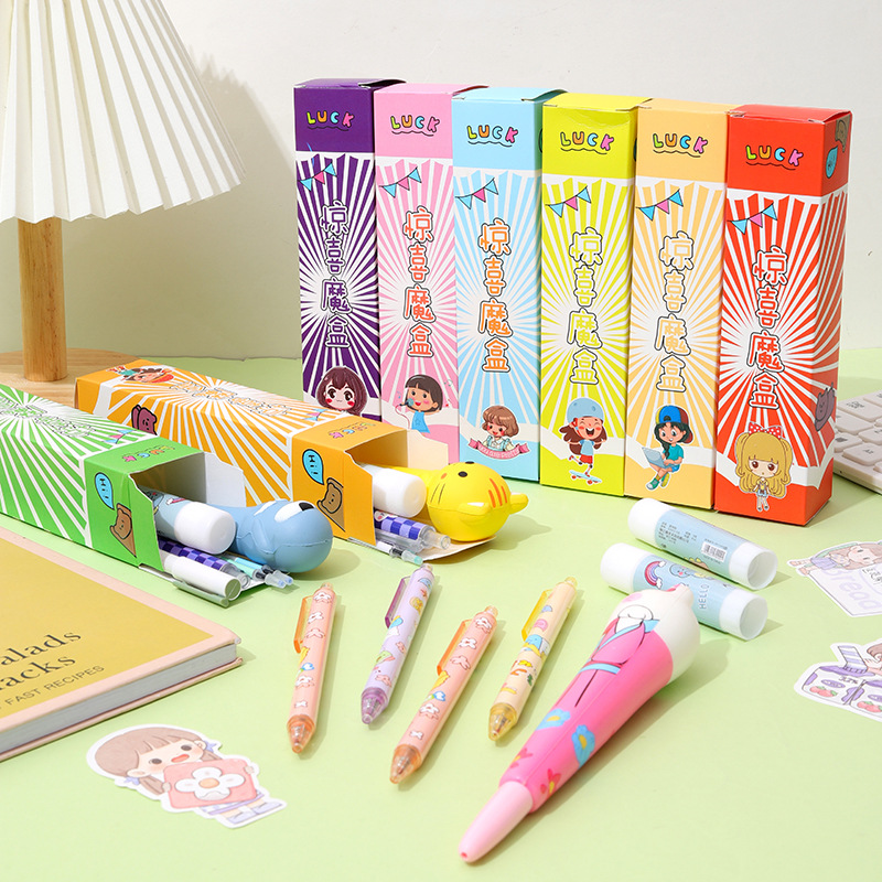 Lindo cuadro ciego descompresión pluma de dibujos animados suerte ciego caja de gel pluma descompresión adivinar caja conjunto pequeño regalo estudiante papelería