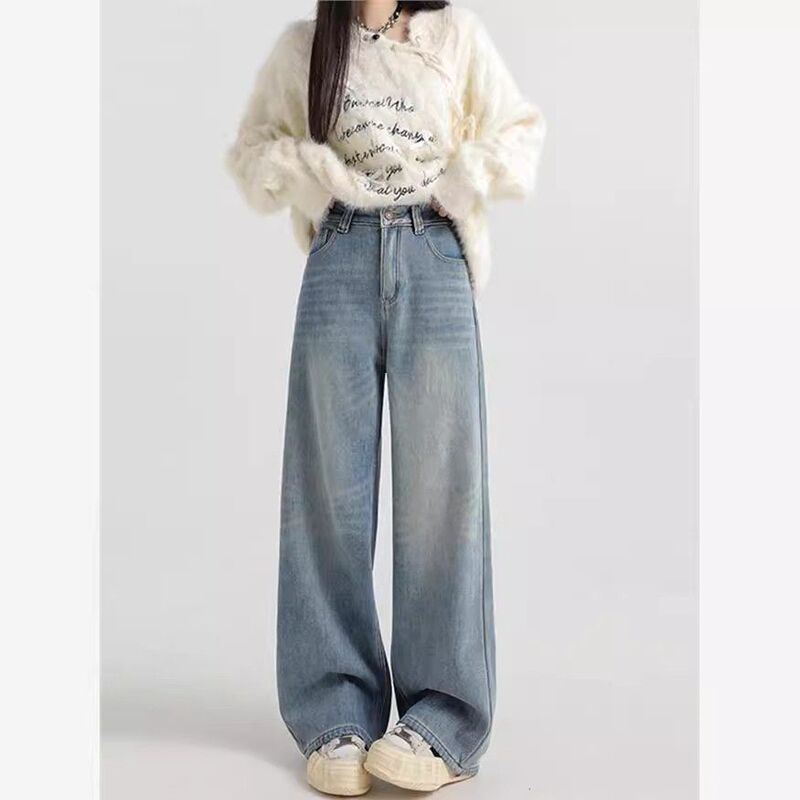 Fleece-Lined Thick Light-Colored Straight-Leg Jeans for Women, Autumn/Winter 2026 New High-Waisted Loose Slimming Drapey Wide-Leg Pants Fleece-Lined Thick Light-Colored Straight-Leg Jeans for Women, Autumn/Winter 2026 New High-Waisted Loose Slimming Drapey Wide-Leg Pants