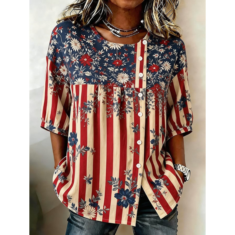 2026 Cross-Border Amazon Independent Site Women's New Style Shirt 3D Digital Printing Lace-Up Patchwork Round-Neck Shirt 2026 Cross-Border Amazon Independent Site Women's New Style Shirt 3D Digital Printing Lace-Up Patchwork Round-Neck Shirt