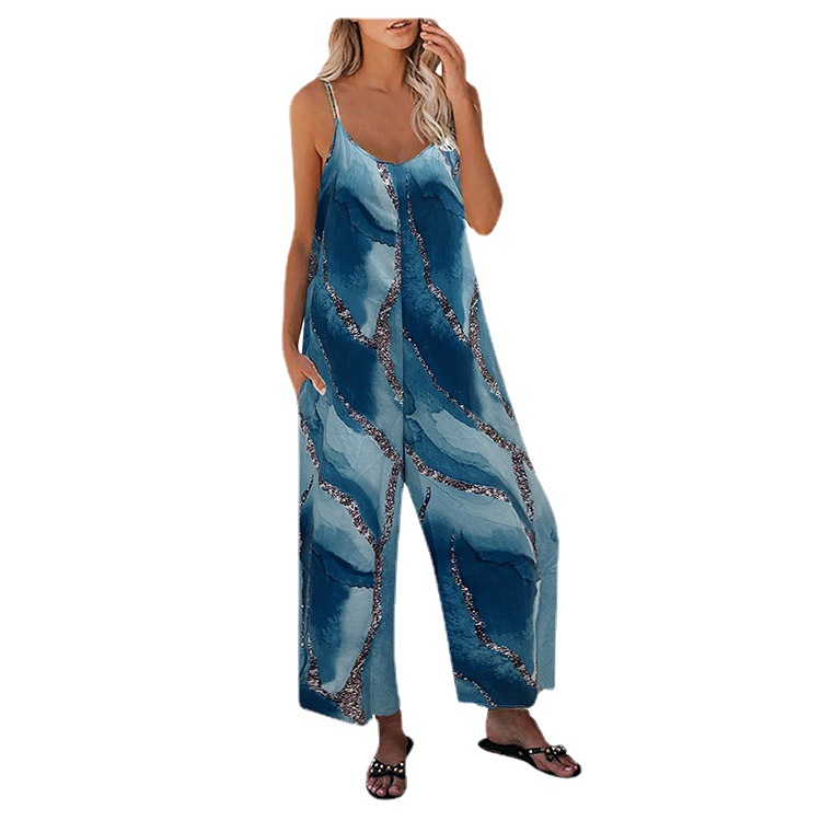 Transfronterizo Amazon 2025 verano nuevo estilo europeo y americano comercio exterior ropa de mujer estampado tirantes bolso casual de pierna ancha mono