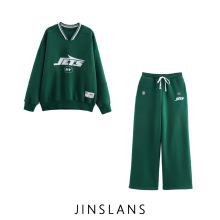 跨境批发ZA女装秋季新款欧美风时尚喷气机队装饰绒布卫衣长裤套装