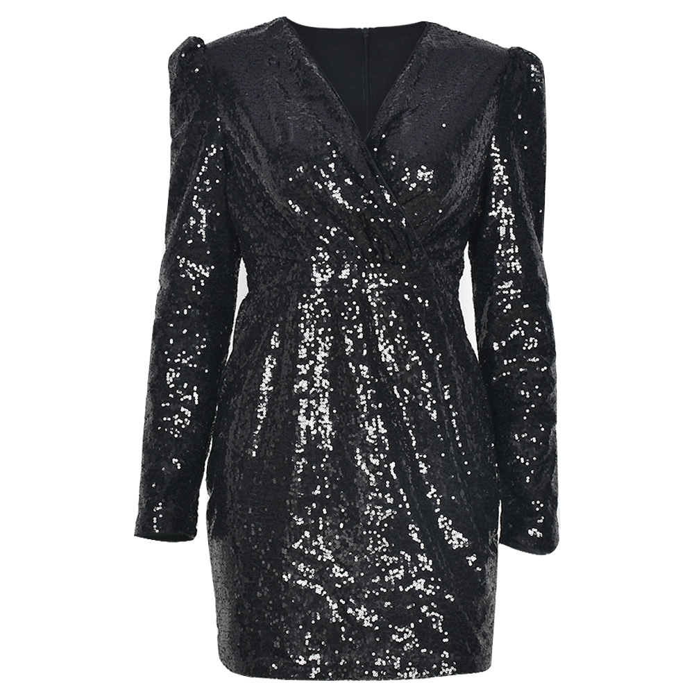 autumn sexy deep V sequin long-sleeved dress nihaostyles wholesale clothing NSFR87747