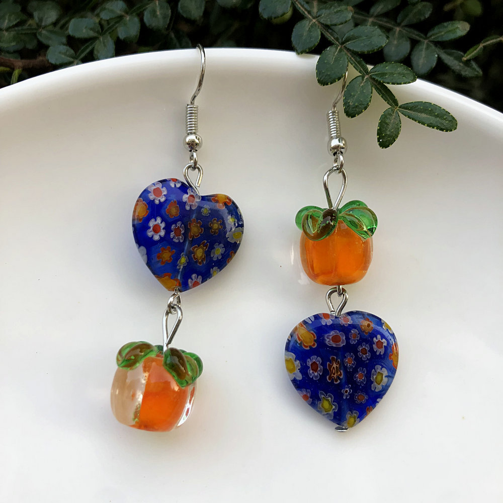 15g Weight Alloy Ear Needle Material Drop Earrings Classification 1 Pair Quantity Daily Occasion Glass, Metal Material Persimmon, Heart Shape, Flower Pattern All Seasons Season Women's Gender Polished Finish Asymmetrical Design Cute Style 1 Pair Cute Persimmon Heart Shape Flower Asymmetrical Glass Metal Drop Earrings 4