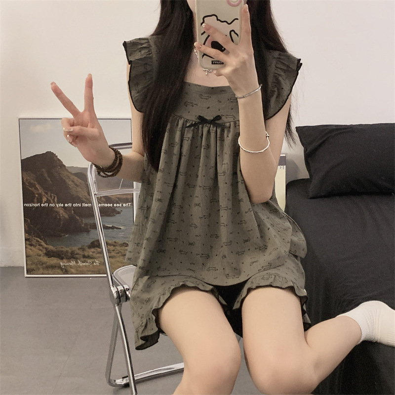 여성용 클라우드 코튼 잠옷, 조끼 반바지, 귀엽고 달콤한 여학생, 집 밖에서 입을 수 있는 반팔 서스펜더 세트