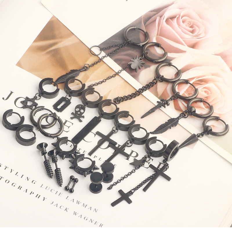 Stainless Steel Cross Hip Hop Earrings Set for Men - 26 Piece Fashion Earring Wholesale detail image 7