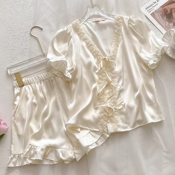 Summer New Short-sleeved Shorts Pajamas Women's Ice Silk Sweet Girl's suit Home Clothes French-style Silk Pajamas