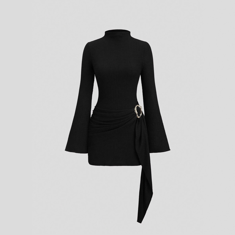 Women's Stand-Up Collar, Waist-Cinching, Metal Waist Buckle, Minimalist, Micro-Flared Sleeves, Slim-Fitting Midi Dress