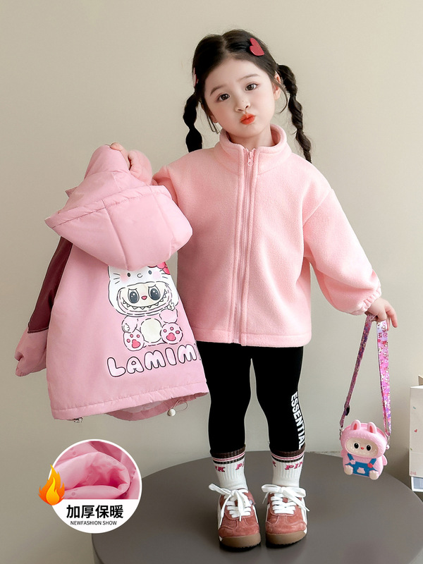 女童冲锋衣外套秋冬装新款儿童洋气加绒加厚棉服宝宝可拆卸三合一|undefined