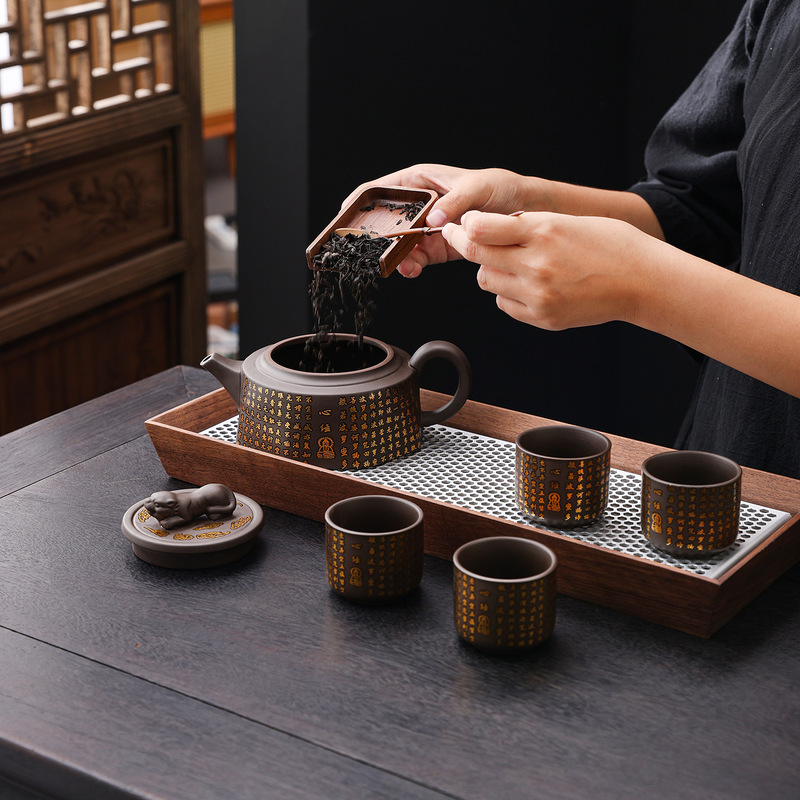 Purple Clay Chinese-Style Octagonal Teapot Set with Master Cup, Household Tea Cup Set, Office Tea House Tea Shop High-Temperature Resistant Set