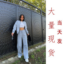 跨境新款欧美风运动套装秋冬时尚休闲女装长袖开衫外套长裤两件套