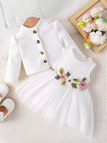 INS Baby Girl Waist Flower Design Splicing Net Fabric Dress Coat with Flower Embroidery