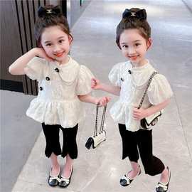 女童花朵短袖旗袍套装 夏季2025新款时尚新中式薄款短袖两件套