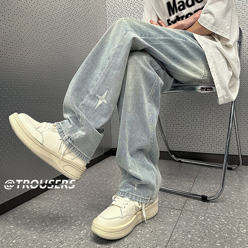 Men's Washed Retro Denim Jeans Straight Leg Loose Fit High Street Style Slimming Long Pants Trendy Casual Wear_mkmklike.com