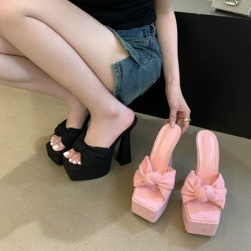 Женские летние новые модные туфли на платформе на массивном каблуке с квадратным носком и открытым носком на высоком каблуке с бантом.