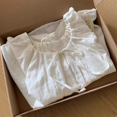 職人の技が光ります！形と質感が絶品〜女性用コットンリネンベビードールシャツ、巾着、プリーツ、レースアップ半袖