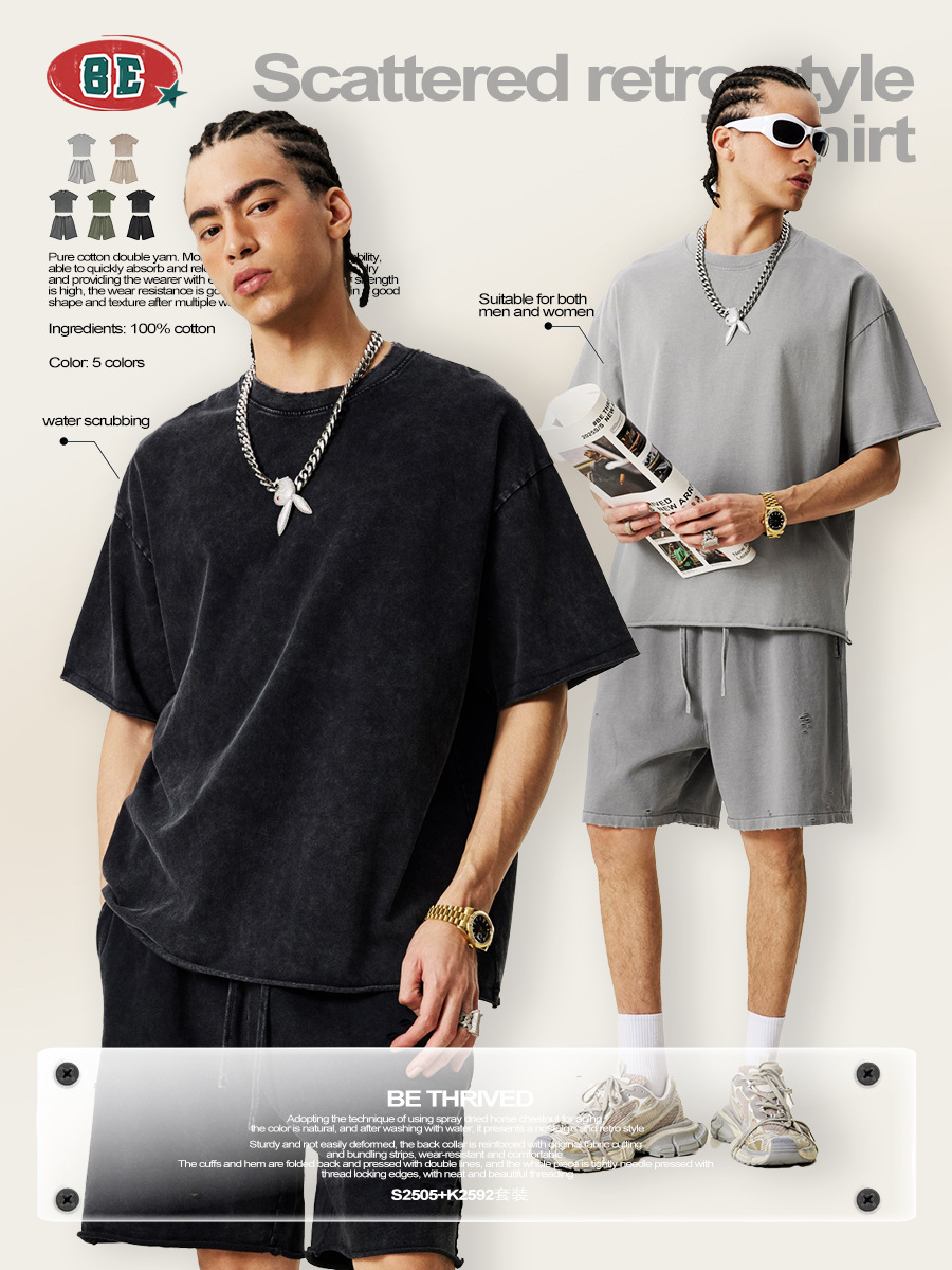 Be Hombres| 2025 verano americano retro transfronterizo flocos de nieve doblados pantalones cortos de mangas cortas de dos piezas con camisetas pesadas para hombres