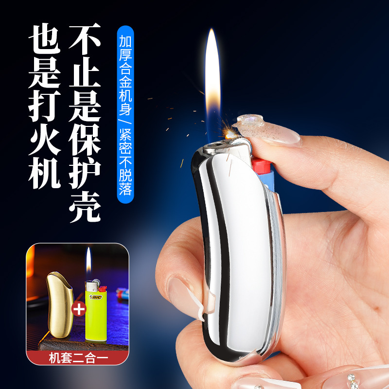YF918-J6 Banana Shaped Shell BIC Bic J6 Machine Set Gas Lighter Metal Tight Lighter Set Wholesale