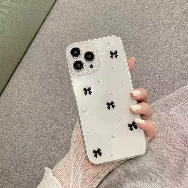 Three-Dimensional Black and White Butterfly Small Pearl Phone Case for iPhone 15 Apple Anti-Drop Mate60 Phone Case