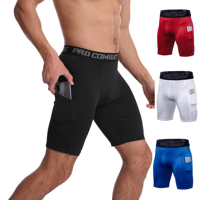 PRO Fitness Shorts with Pocket Running Training Sweat-Wicking Elastic Tight Shorts for Men