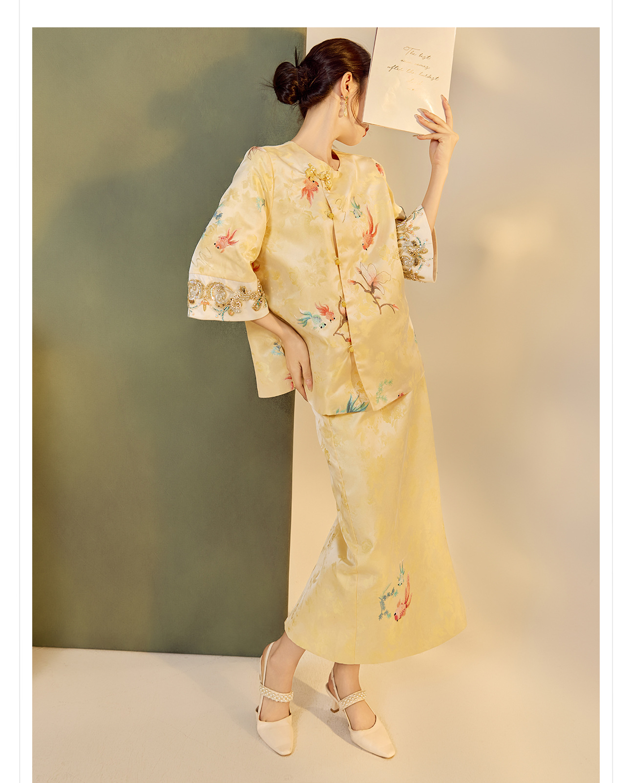 Bộ áo váy satin thêu jacquard cổ tròn phong cách Trung Hoa N6026 — áo, váy chi tiết 9