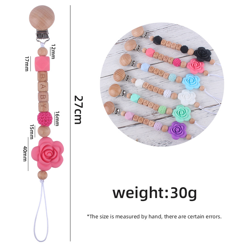 Nuevos suministros para bebés Beech chupete clip calmante bebé DIY Nombre de dibujos animados Rosa chupete cadena anti-gota cadena