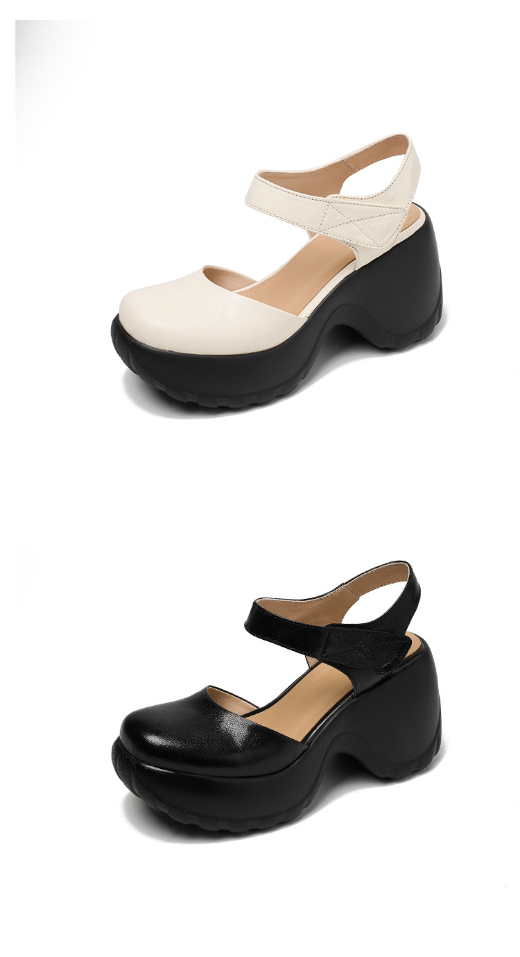 Sandal cao gót nữ hở mũi da thật quai dán, đế platform chống trượt, gót 9 cm — màu đen, màu trắng ngà chi tiết 17