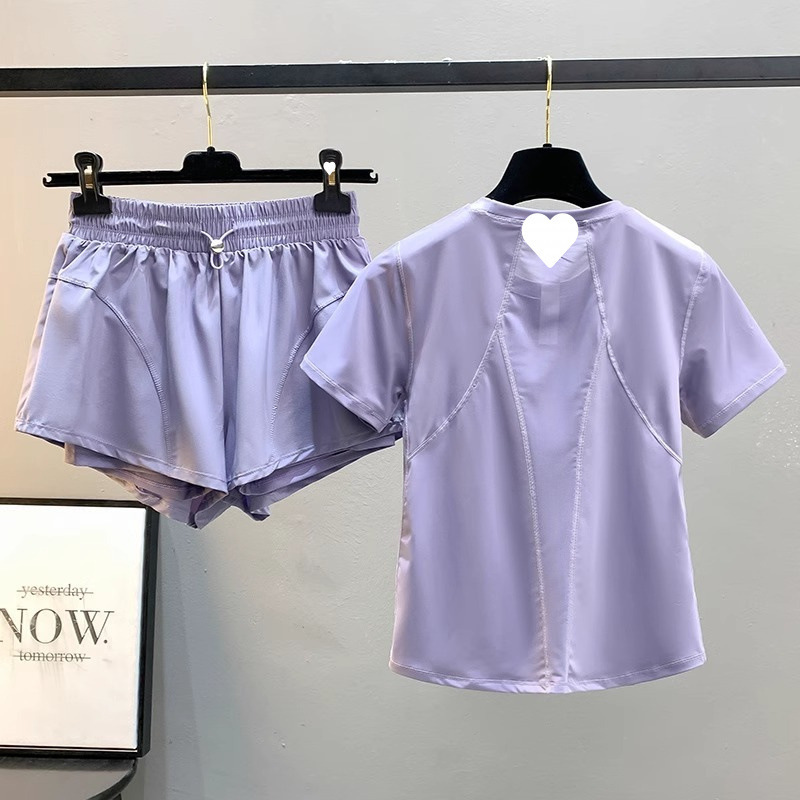 速乾性ランニングスポーツスーツ女性の夏ルーズ痩身フィットネス Tシャツバドミントンショーツヨガウェア 2 点セット|undefined