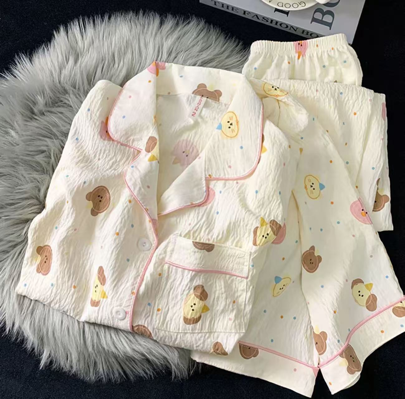 Venta al por mayor transfronteriza de algodón de nube pijamas de cachorro rizado simple japonés pantalones de manga larga de primavera y otoño para mujer