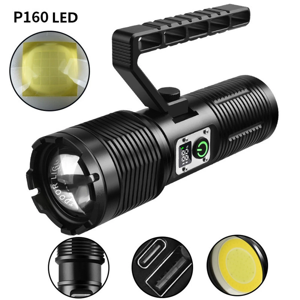 Мощный фонарь P160 с цифровым дисплеем, ярким светом, зарядкой Type-C, многофункциональный, COB, сумка-фонарь для улицы