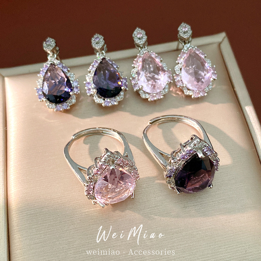 Agujas de plata zircon gotas de agua aretes de anillo de corte estilo delicado aretes ligero lujoso conjunto de joyas de alta calidad