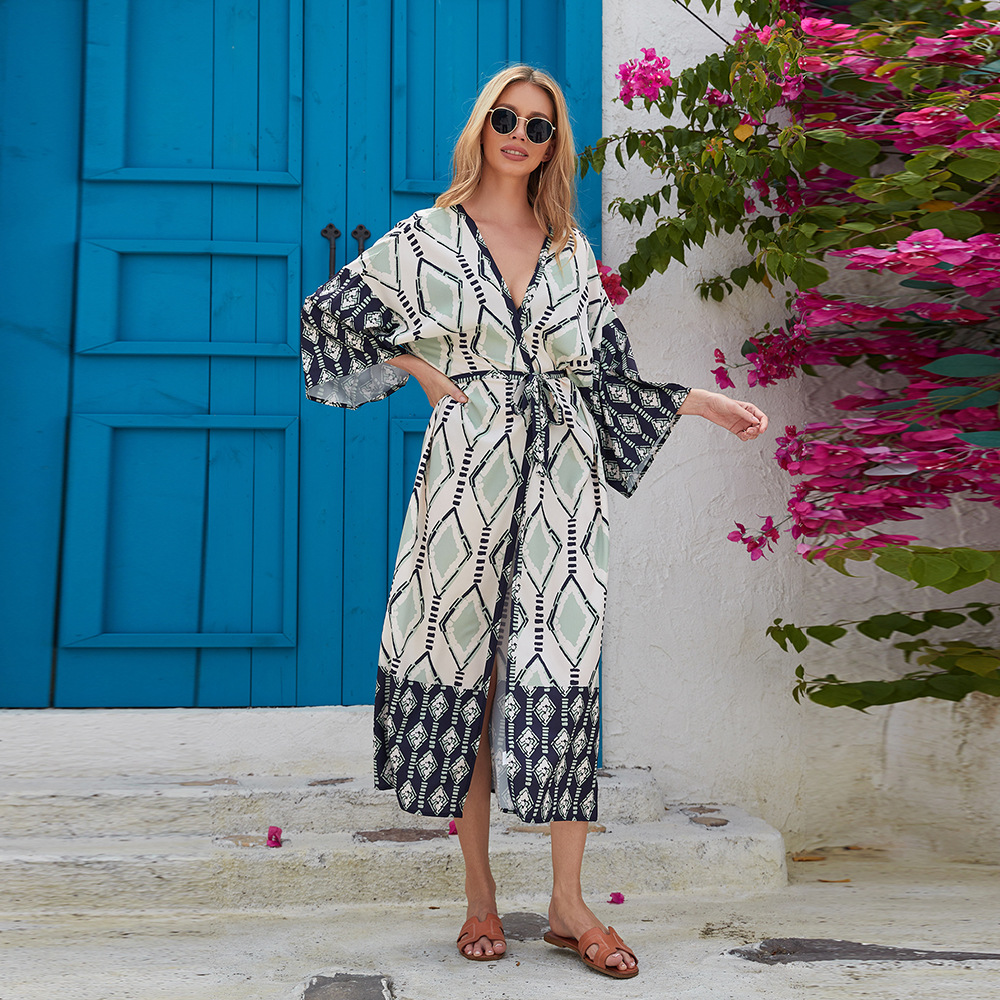 Transfronteriza europea y americana nueva chaqueta de punto de manga larga ropa para el hogar bata de baño camisón vestido de vacaciones bikini ropa de protección solar 3808