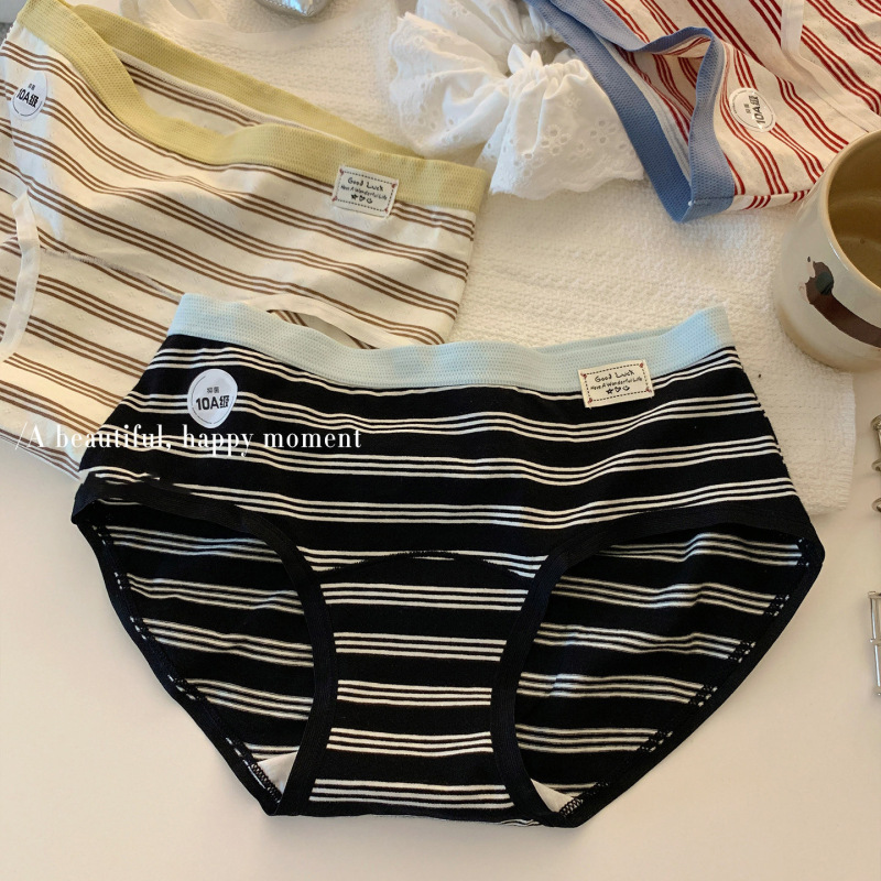 Striped American-Style Girls' Underwear, Pure Cotton 10A, Full Cotton, Extended Crotch, Mid-Waist, Comfortable, Sporty, Hip-Hugging Triangle Shorts