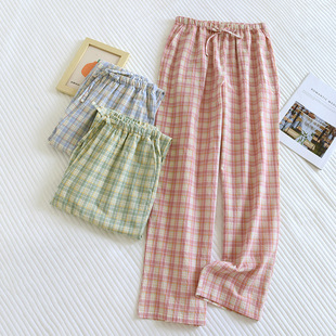 Couple's Pajama Pants Women's Cotton Gauze Pants Summer Thin Japanese Plaid Home Pants Men