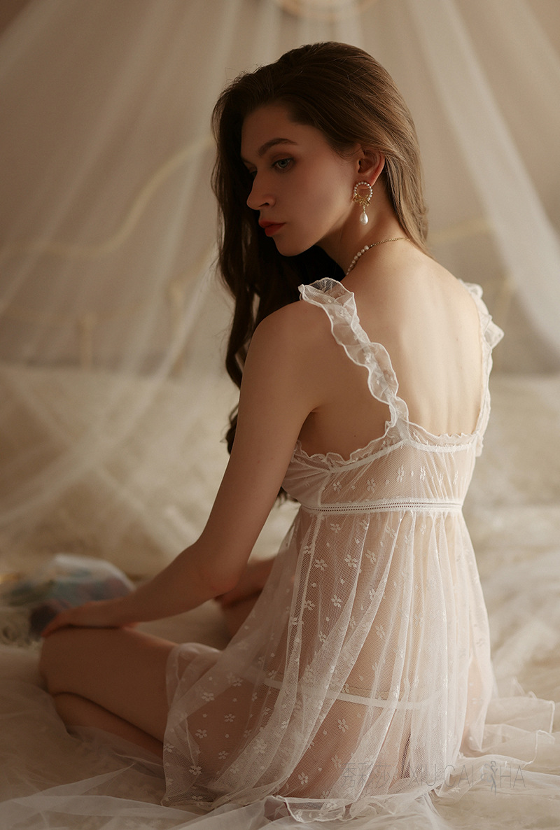 Lace Strap Babydoll Nightdress Set, Sheer Polyester Slip Style, White One Size — detail image 14